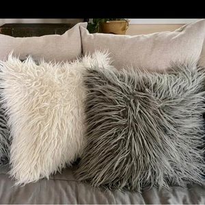 2 faux Mongolian sheep wool pillow covers in gray and cream 16x16